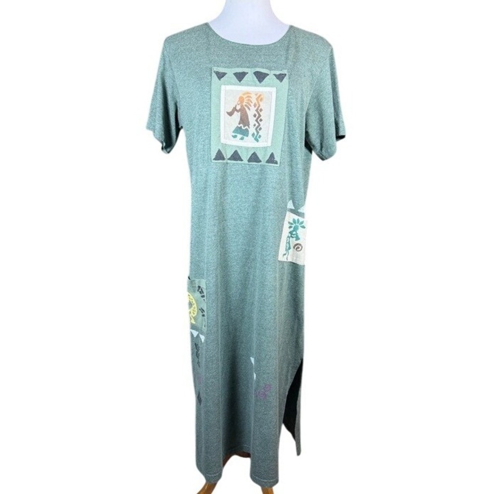 Vintage Cover Charge Green Kokopelli Southwestern‎ Maxi Dress Short Sleeve USA L